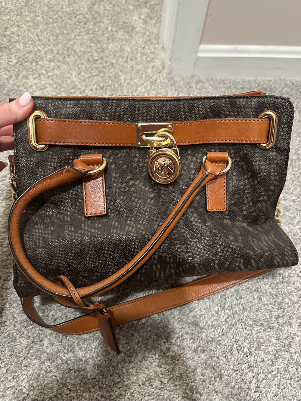 Michael Kors Brown Logo Satchel with Tan Leather Trim & Gold Hardware